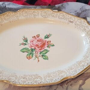 Elegant Floral Porcelain Platter - Ivory with Pink Rose Design
